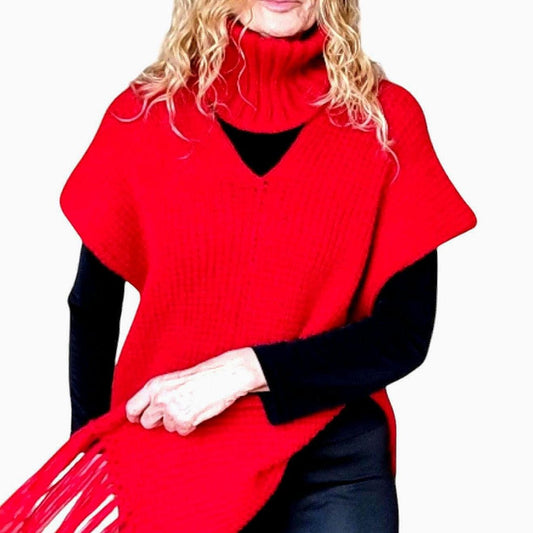 Red Knitted Poncho with Fringe - Turtleneck Vest for Women