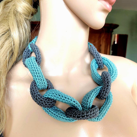 Chunky Crochet Cotton Statement Necklace - Handmade Braided Chain Jewelry