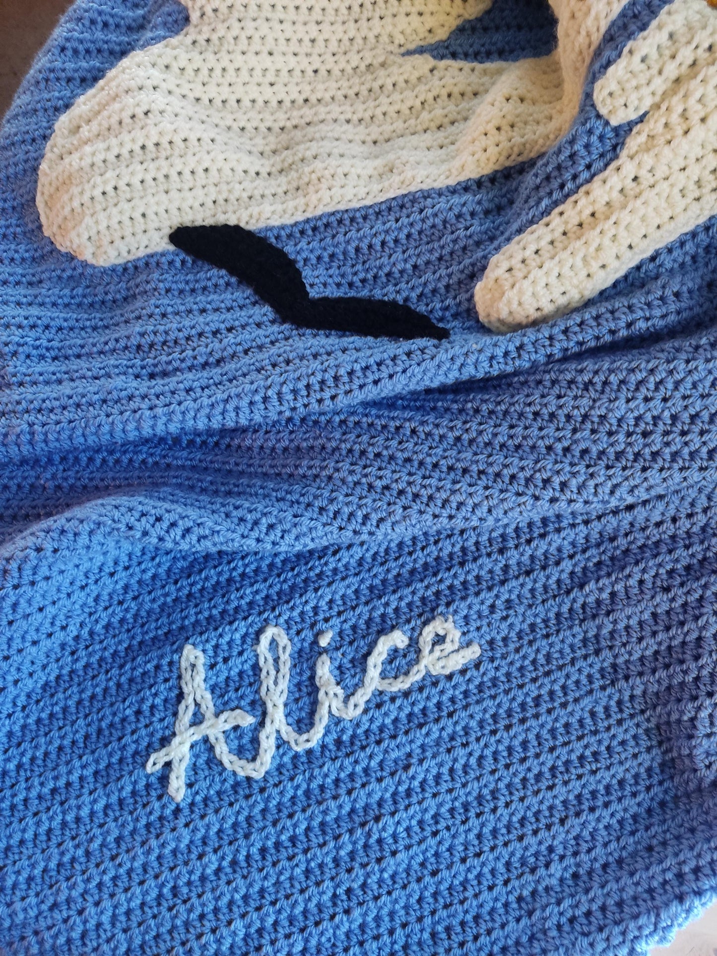 Personalised Blue Crochet Toddler Blanket: Sun, Cloud, Bird Crochet  Throw