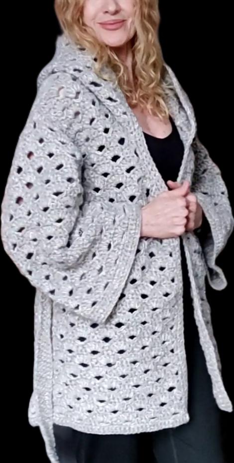 Gray Sequin Hooded Cardigan - Chunky Crochet Belted Jacket for Women