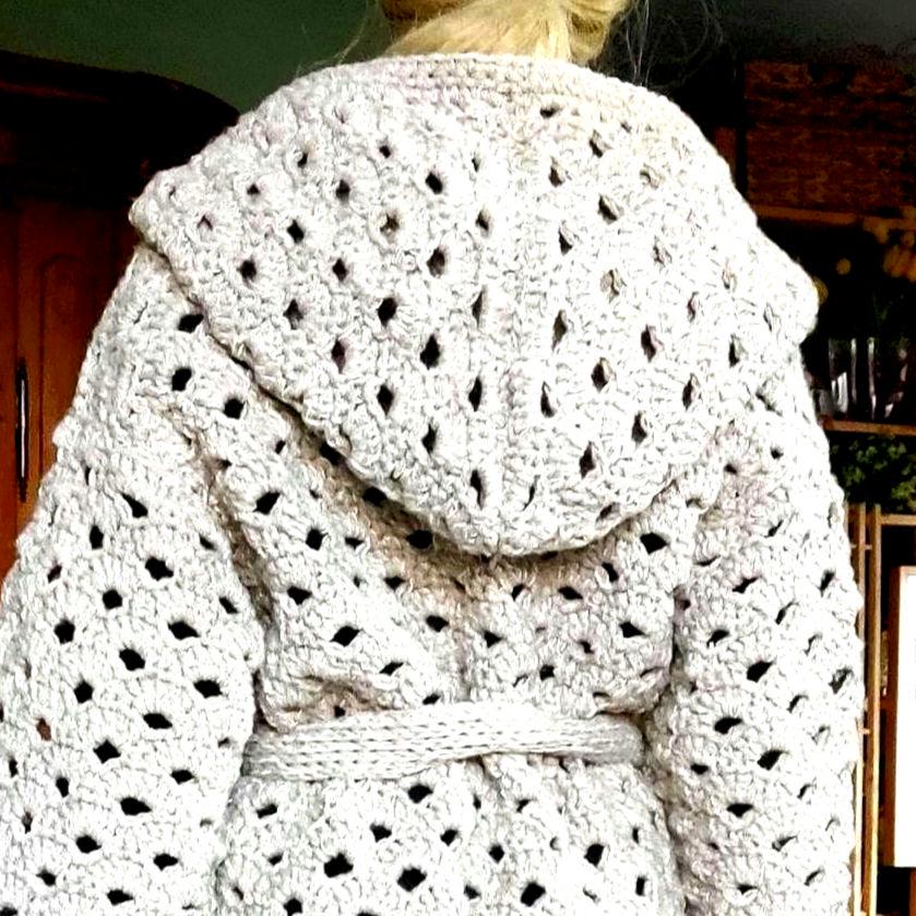 Gray Sequin Hooded Cardigan - Chunky Crochet Belted Jacket for Women