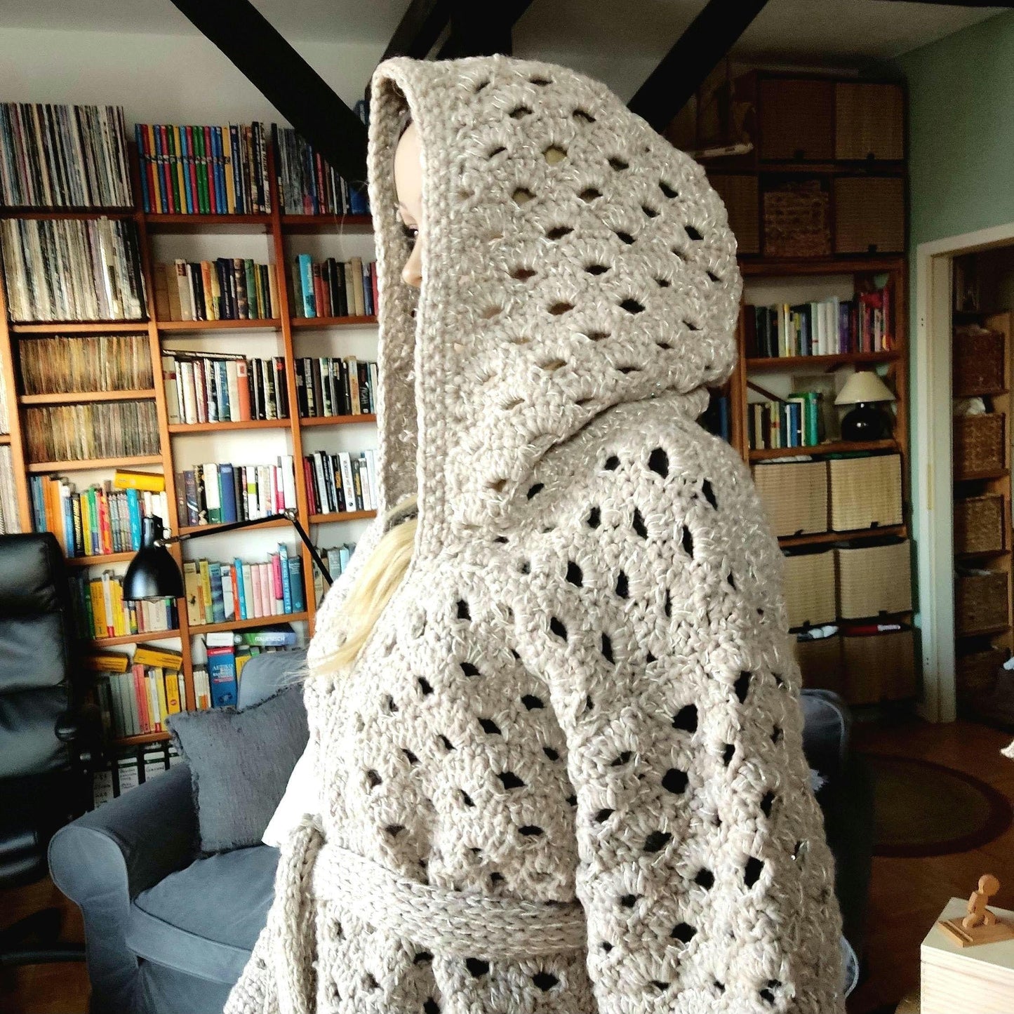 Gray Sequin Hooded Cardigan - Chunky Crochet Belted Jacket for Women