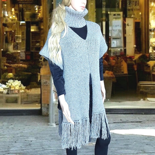 Gray Merino Wool Poncho with Fringe - Knitted Turtleneck Vest