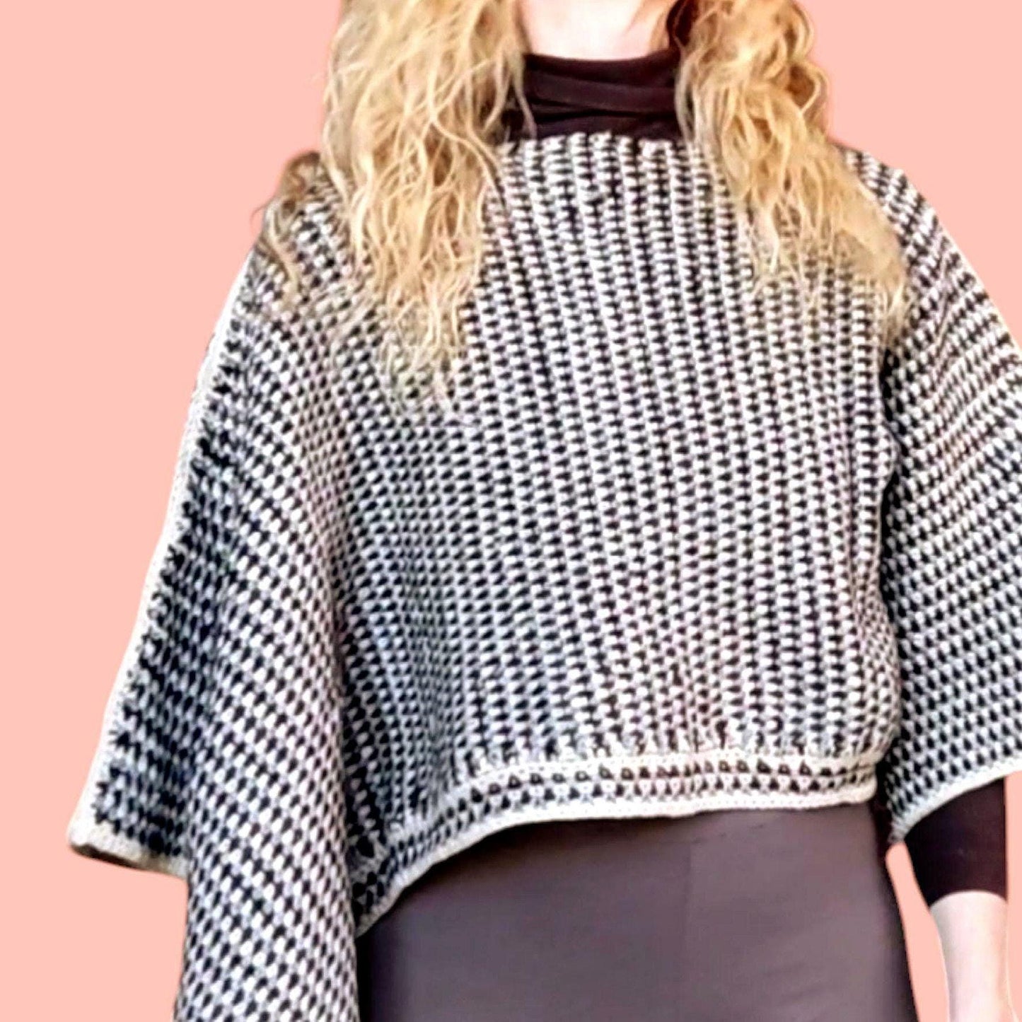 Crochet Crop Top Sweater - Black White Gray Striped Poncho with Wide Sleeves