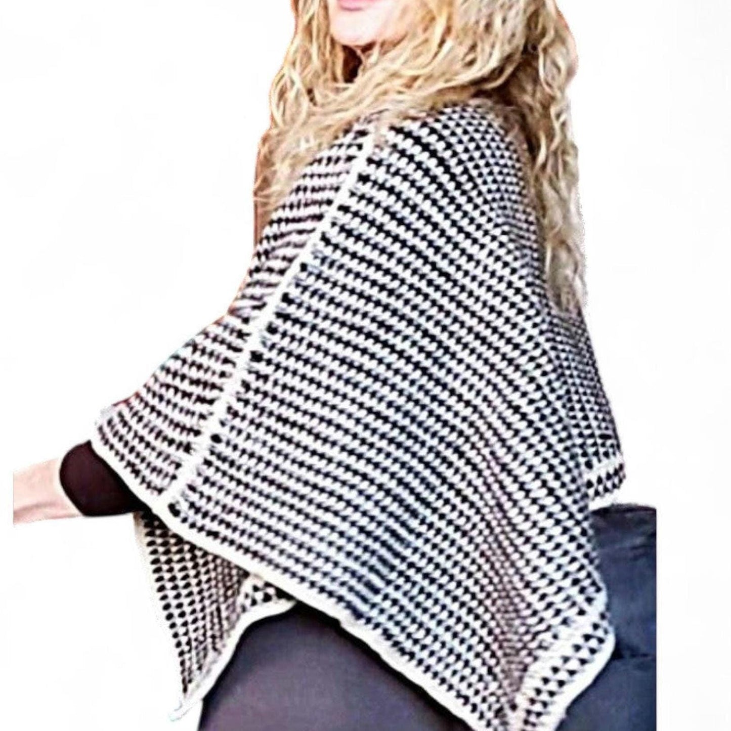 Crochet Crop Top Sweater - Black White Gray Striped Poncho with Wide Sleeves