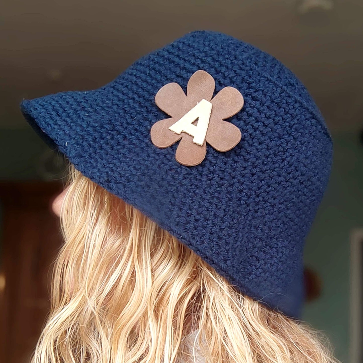 Personalized Red Crochet Bucket Hat with Leather Flower - Custom Handmade