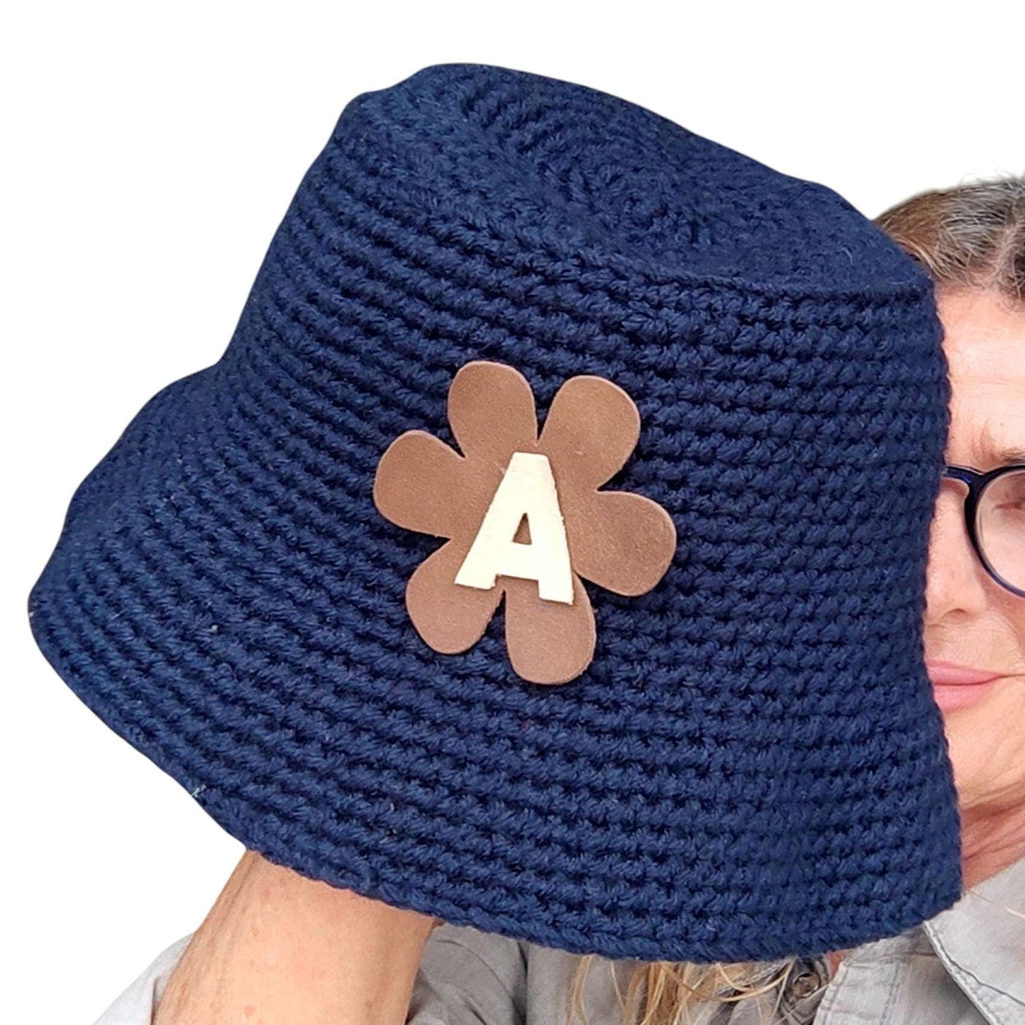 Personalized Red Crochet Bucket Hat with Leather Flower - Custom Handmade