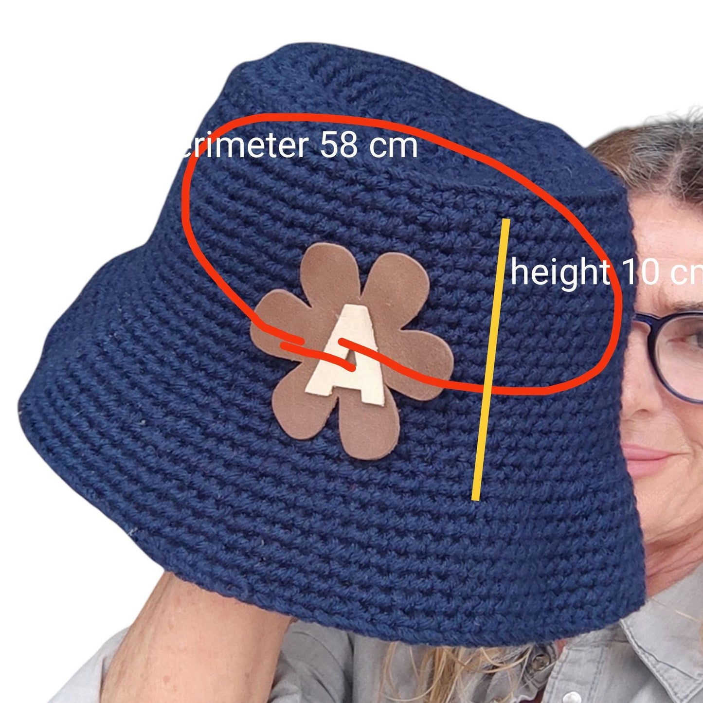 Personalised Chocolate Brown Crochet Bucket Hat with Leather Flower