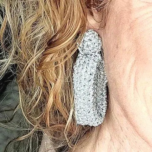 Silver Crochet Statement Earrings: Gold Plated Studs, Metallic Yarn