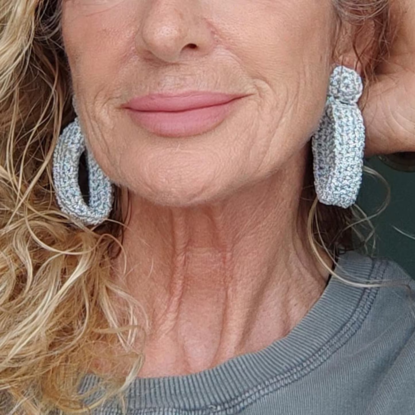 Silver Crochet Statement Earrings: Gold Plated Studs, Metallic Yarn