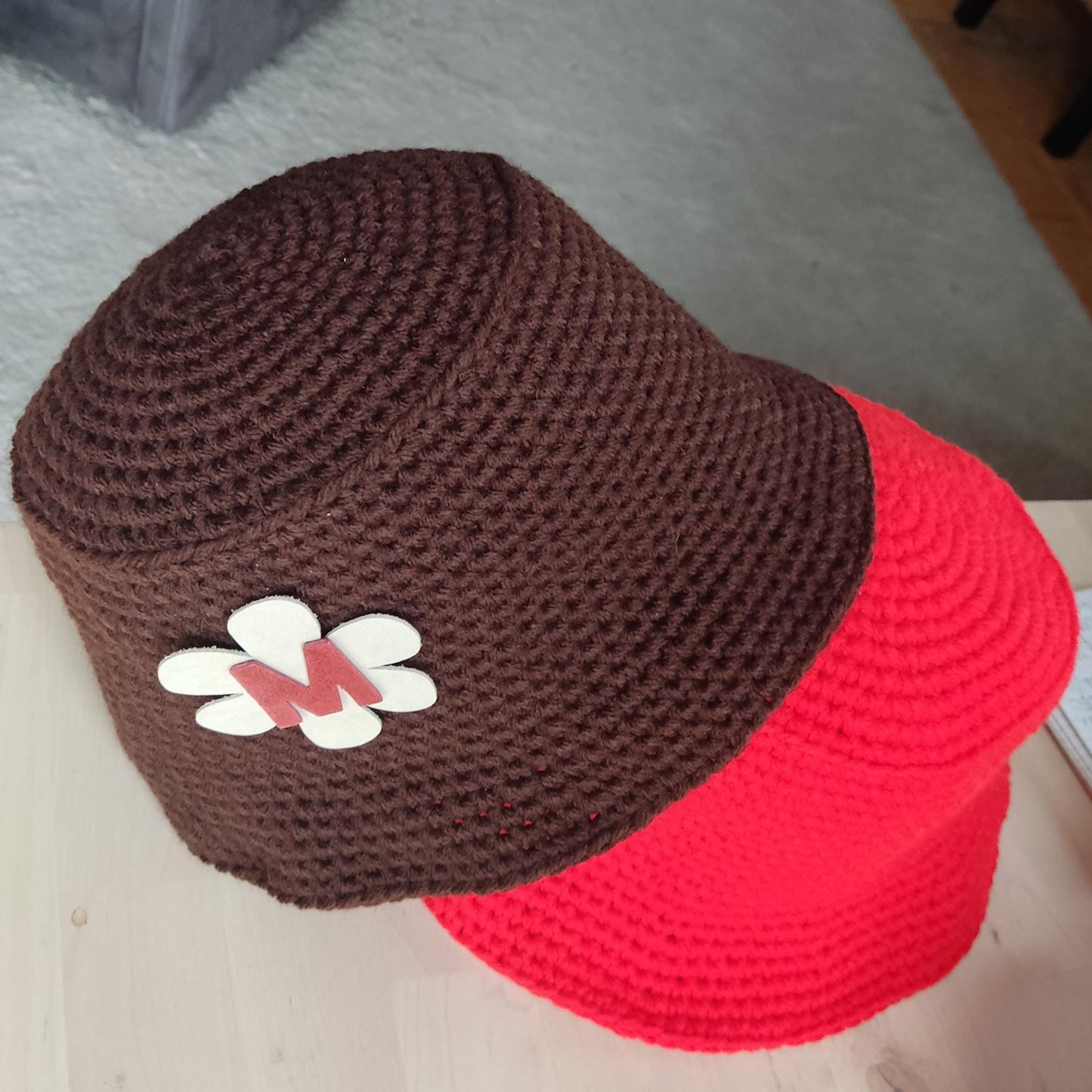 Personalised Dark Grey Crochet Bucket Hat with Leather Flower