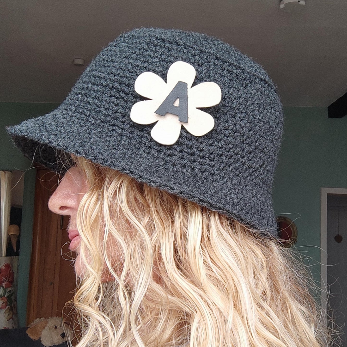 Personalized Red Crochet Bucket Hat with Leather Flower - Custom Handmade