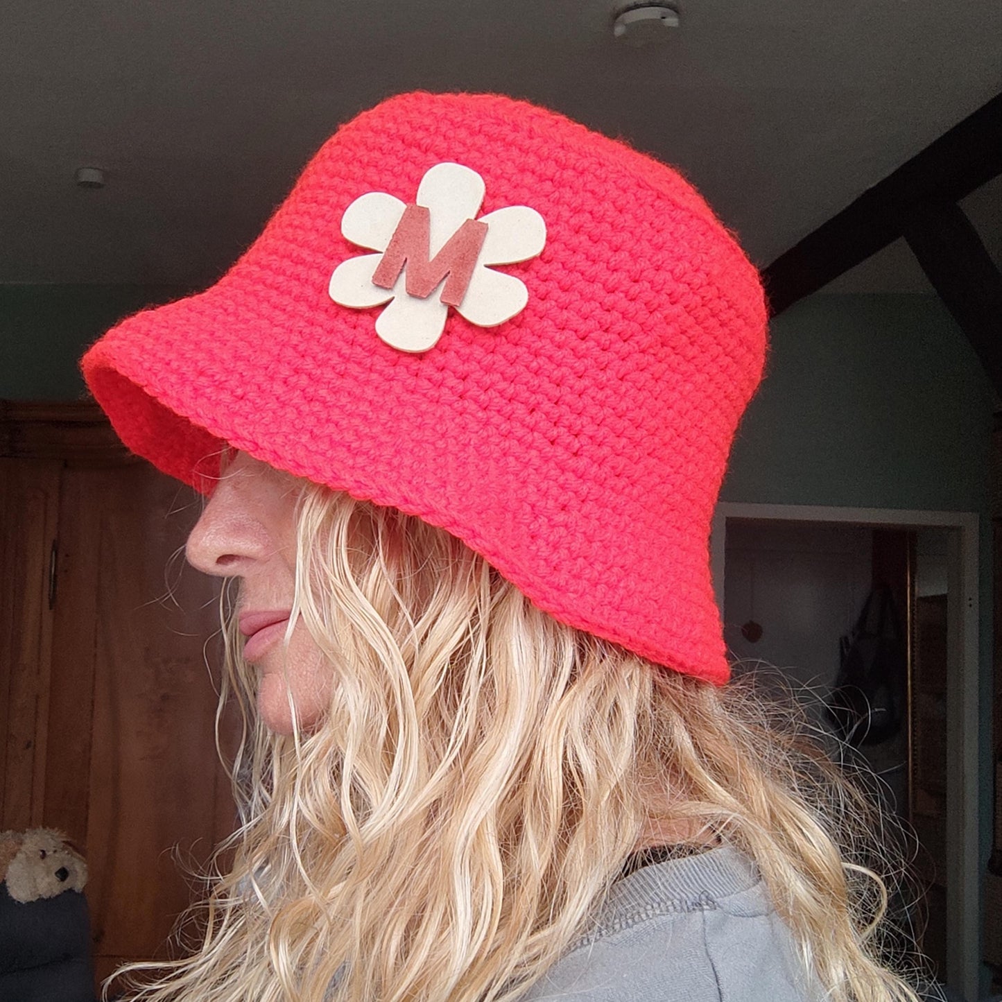 Personalised Dark Grey Crochet Bucket Hat with Leather Flower