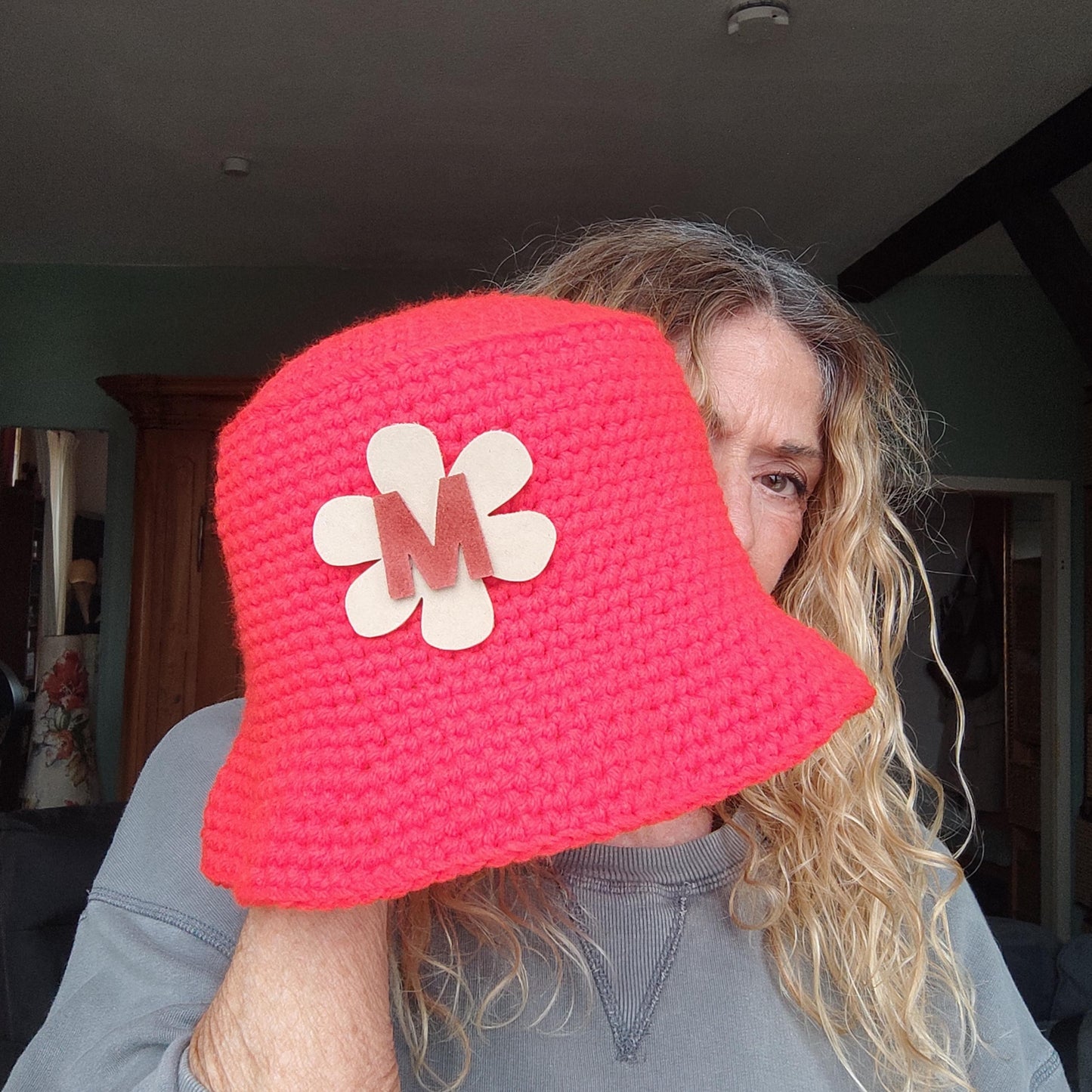 Personalized Red Crochet Bucket Hat with Leather Flower - Custom Handmade