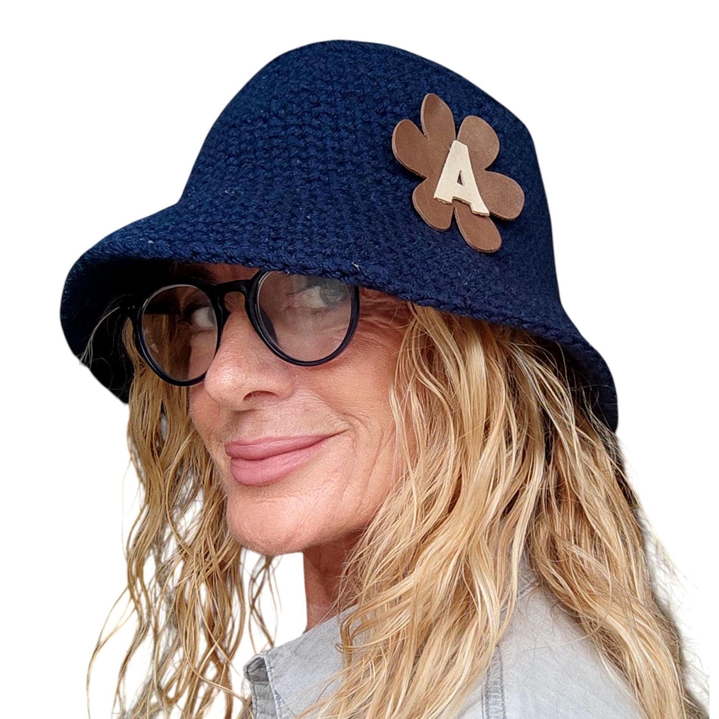 Personalised Dark Grey Crochet Bucket Hat with Leather Flower