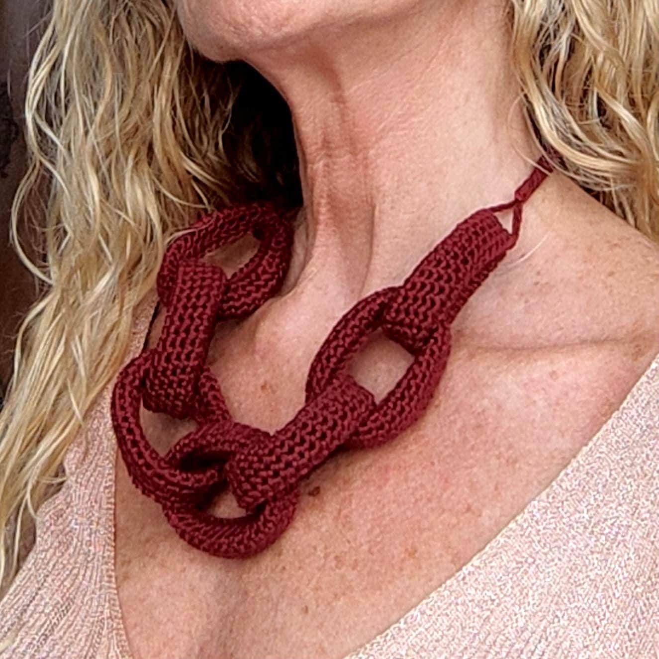 Burgundy Chunky Crochet Chain Necklace - Handmade Braided Statement Jewelry