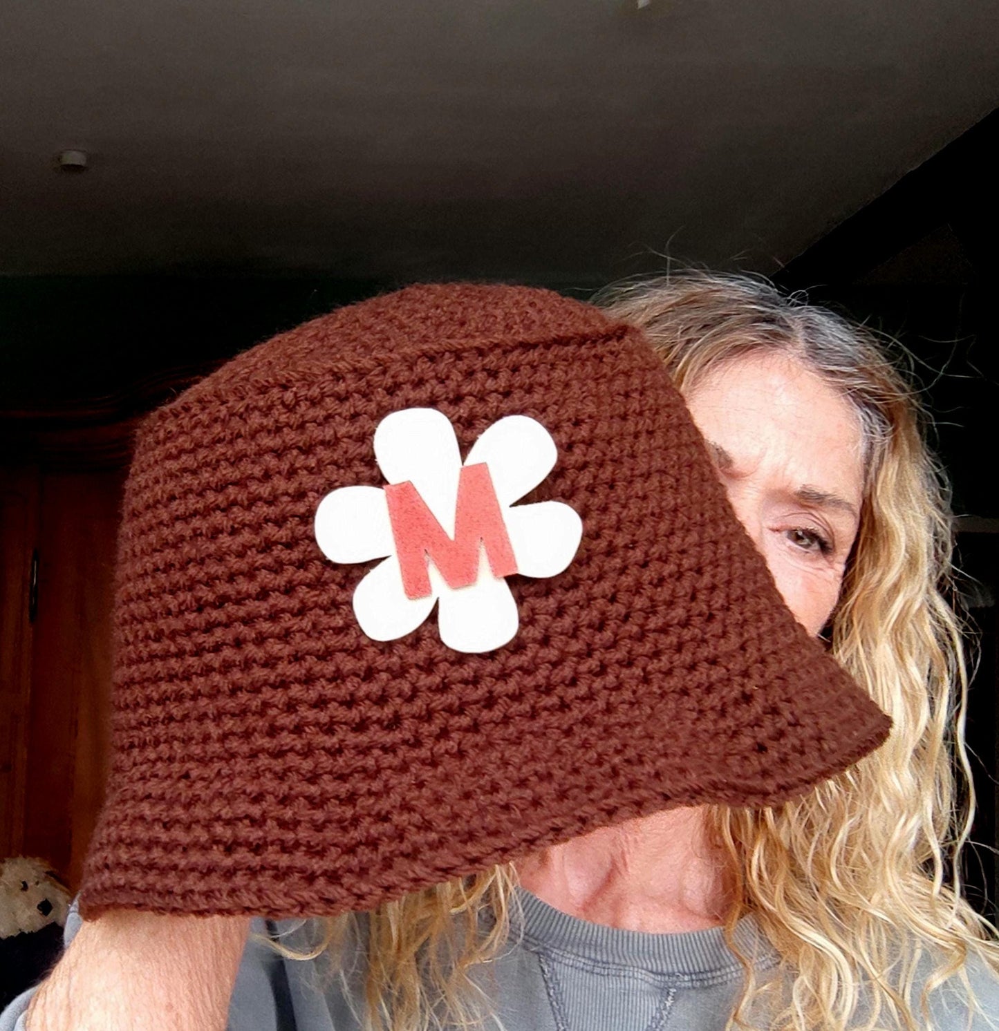 Personalised Chocolate Brown Crochet Bucket Hat with Leather Flower