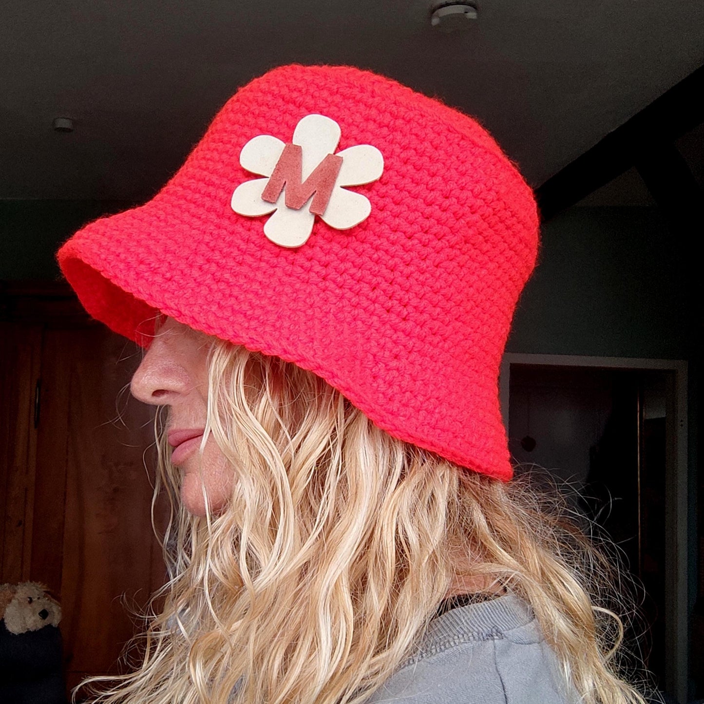 Personalised Chocolate Brown Crochet Bucket Hat with Leather Flower