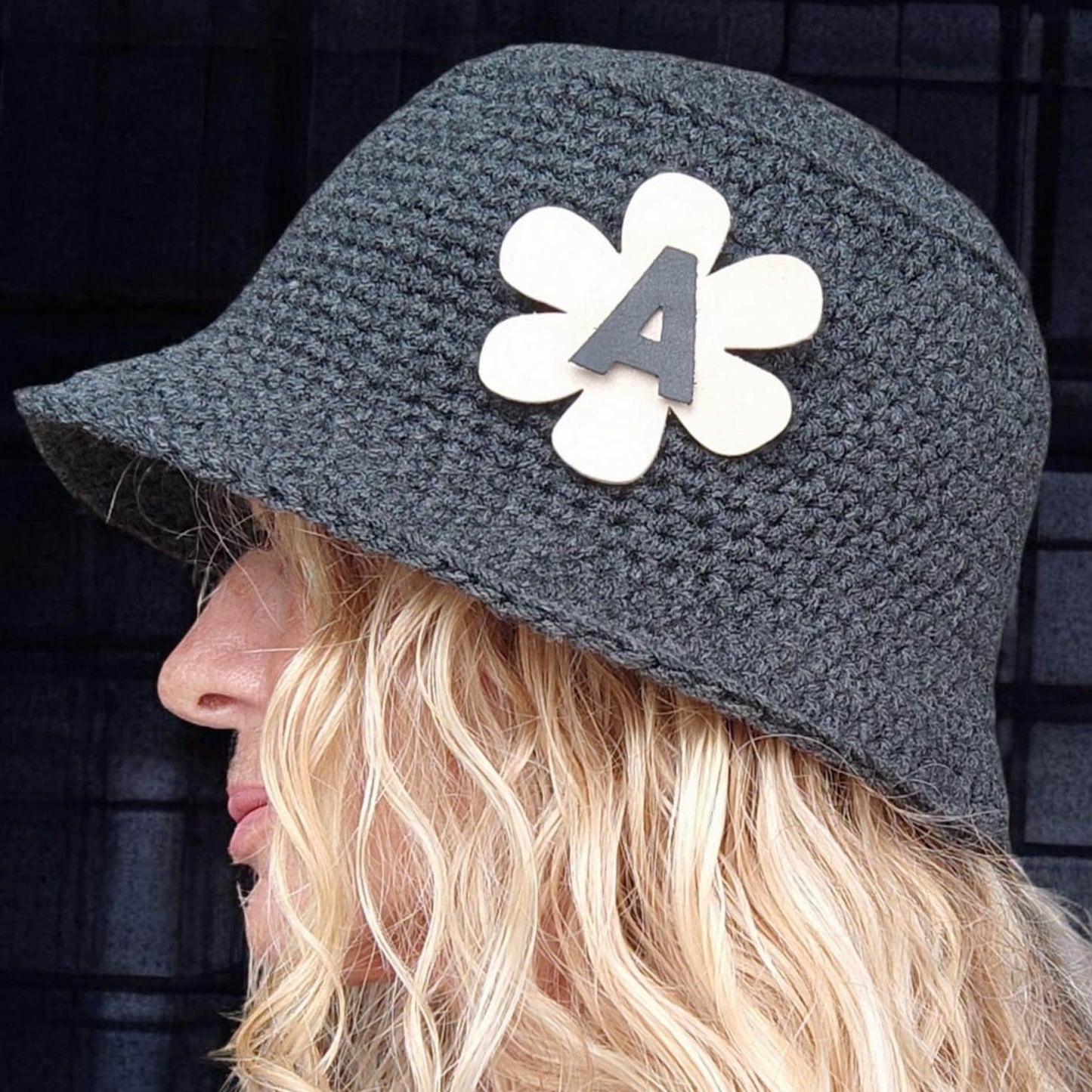 Personalised Dark Grey Crochet Bucket Hat with Leather Flower
