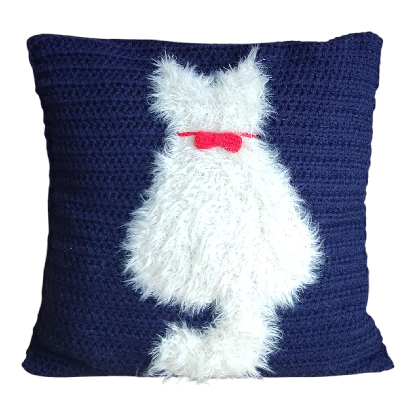 Crochet Cat Pillow Cover - Handmade Navy Blue with Fluffy White Cat (50x50cm)