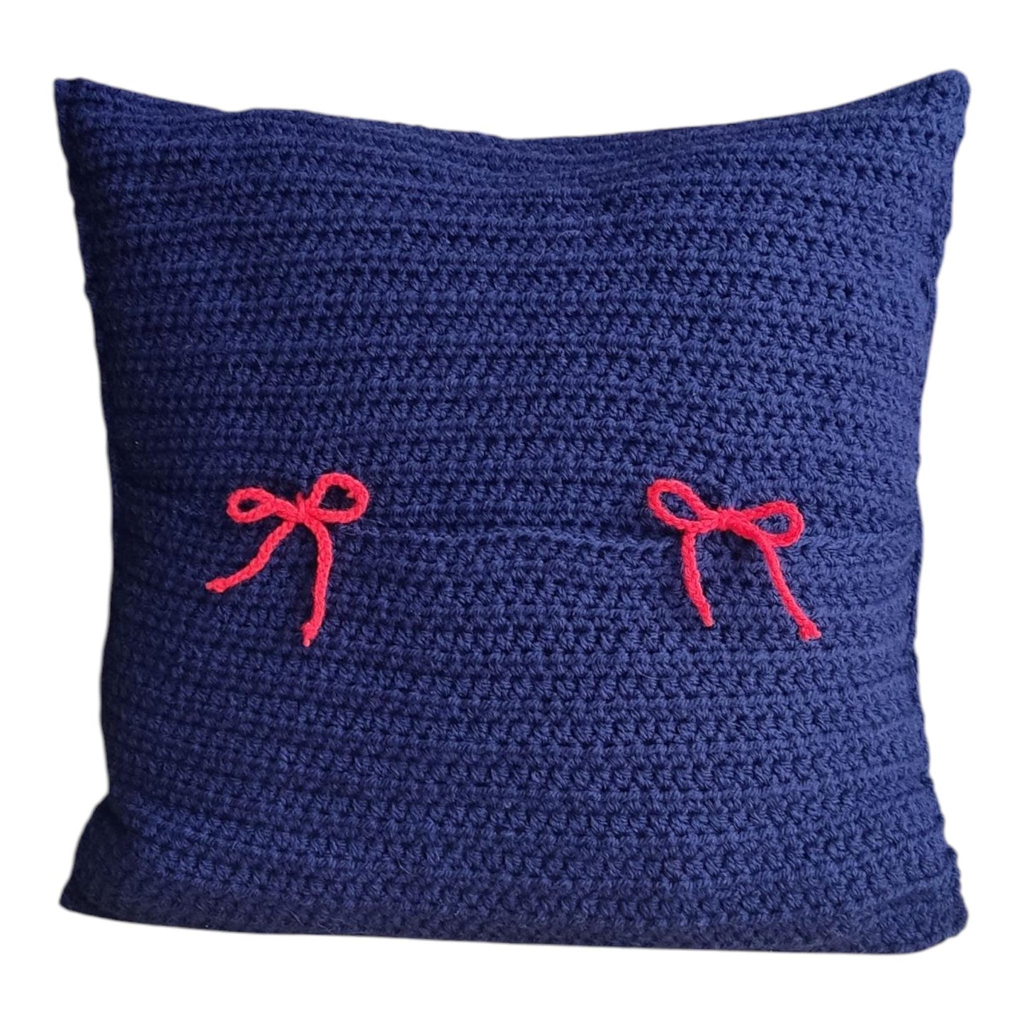 Crochet Cat Pillow Cover - Handmade Navy Blue with Fluffy White Cat (50x50cm)