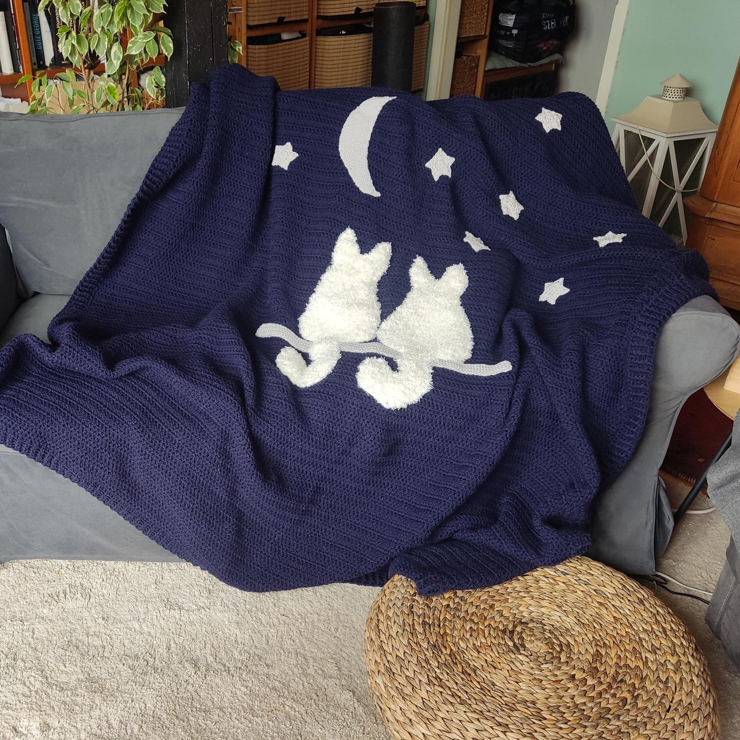 Crochet Cat Pillow Cover - Handmade Navy Blue with Fluffy White Cat (50x50cm)