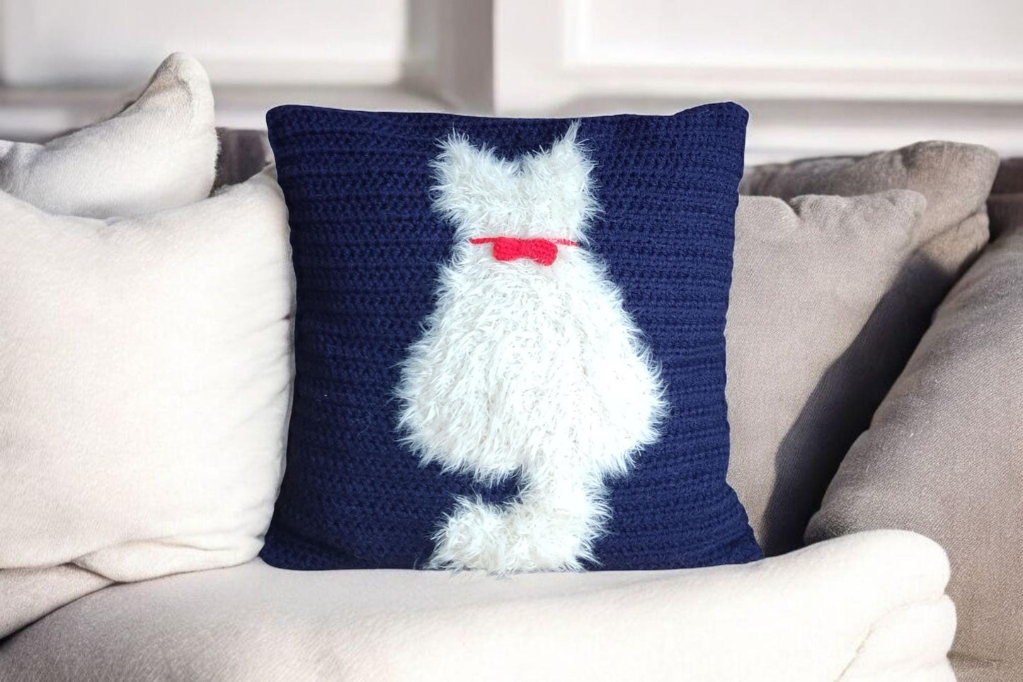 Crochet Cat Pillow Cover - Handmade Navy Blue with Fluffy White Cat (50x50cm)
