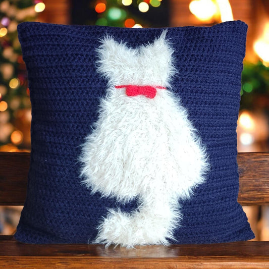 Crochet Cat Pillow Cover - Handmade Navy Blue with Fluffy White Cat (50x50cm)