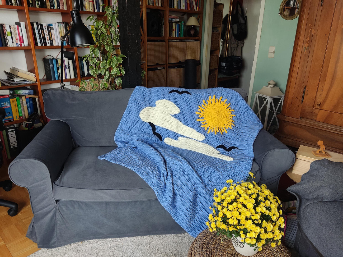 Crochet Cat Pillow Cover - Handmade Navy Blue with Fluffy White Cat (50x50cm)