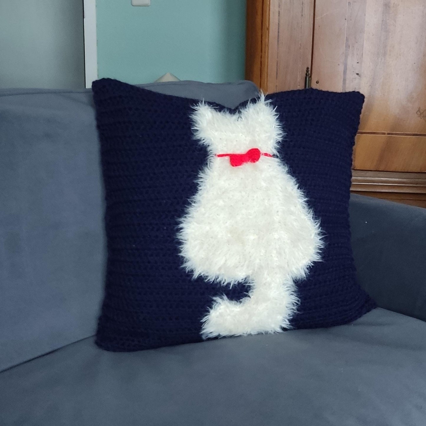 Crochet Cat Pillow Cover - Handmade Navy Blue with Fluffy White Cat (50x50cm)