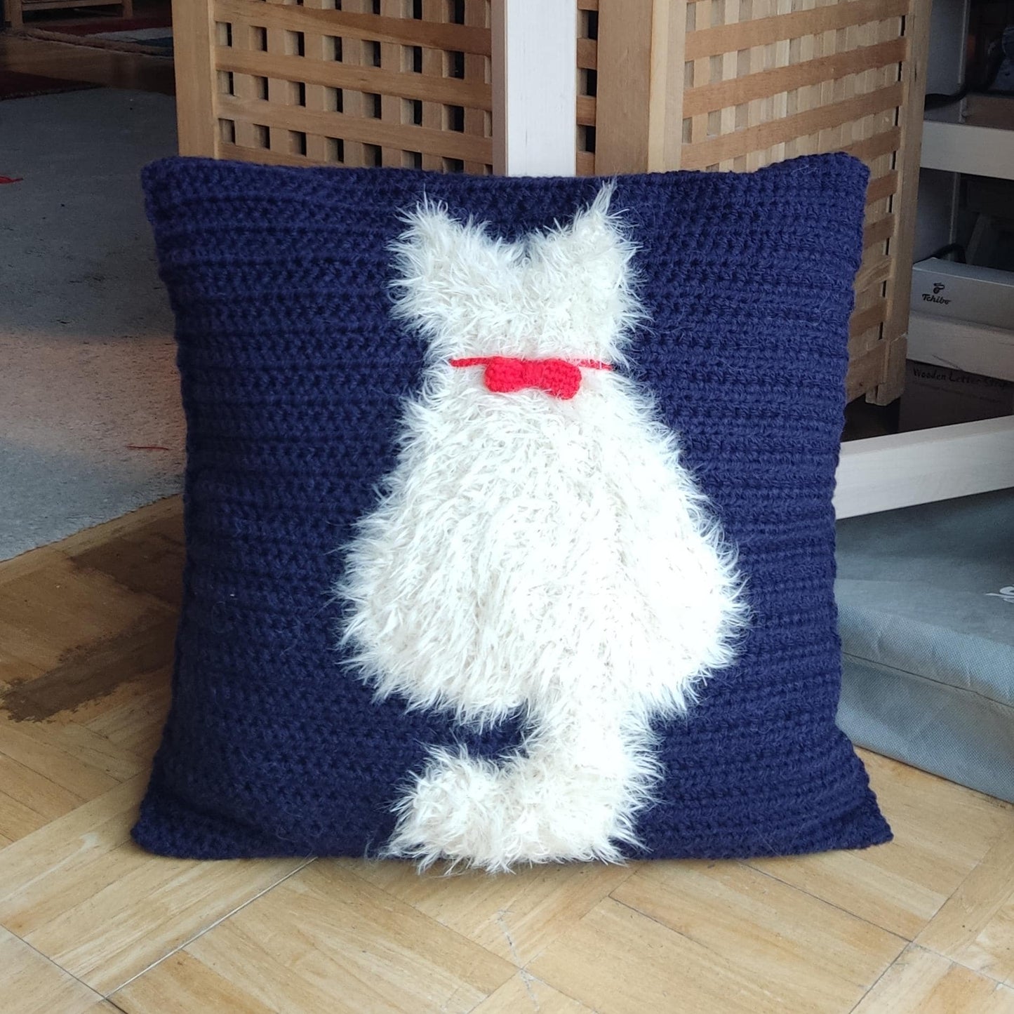 Crochet Cat Pillow Cover - Handmade Navy Blue with Fluffy White Cat (50x50cm)