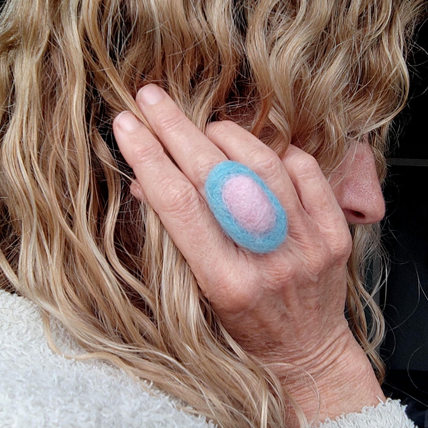 Needle Felted Ring - Chunky Oval Boho Statement Ring, Adjustable Stainless Steel, Handmade Felt Jewelry