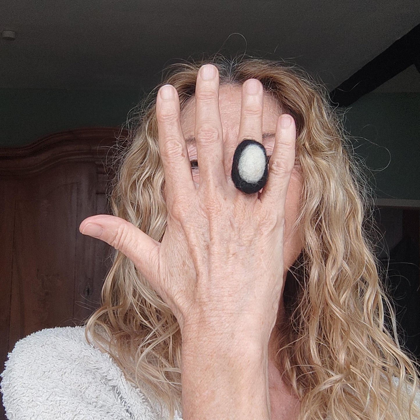 Needle Felted Ring - Chunky Oval Boho Statement Ring, Adjustable Stainless Steel, Handmade Felt Jewelry