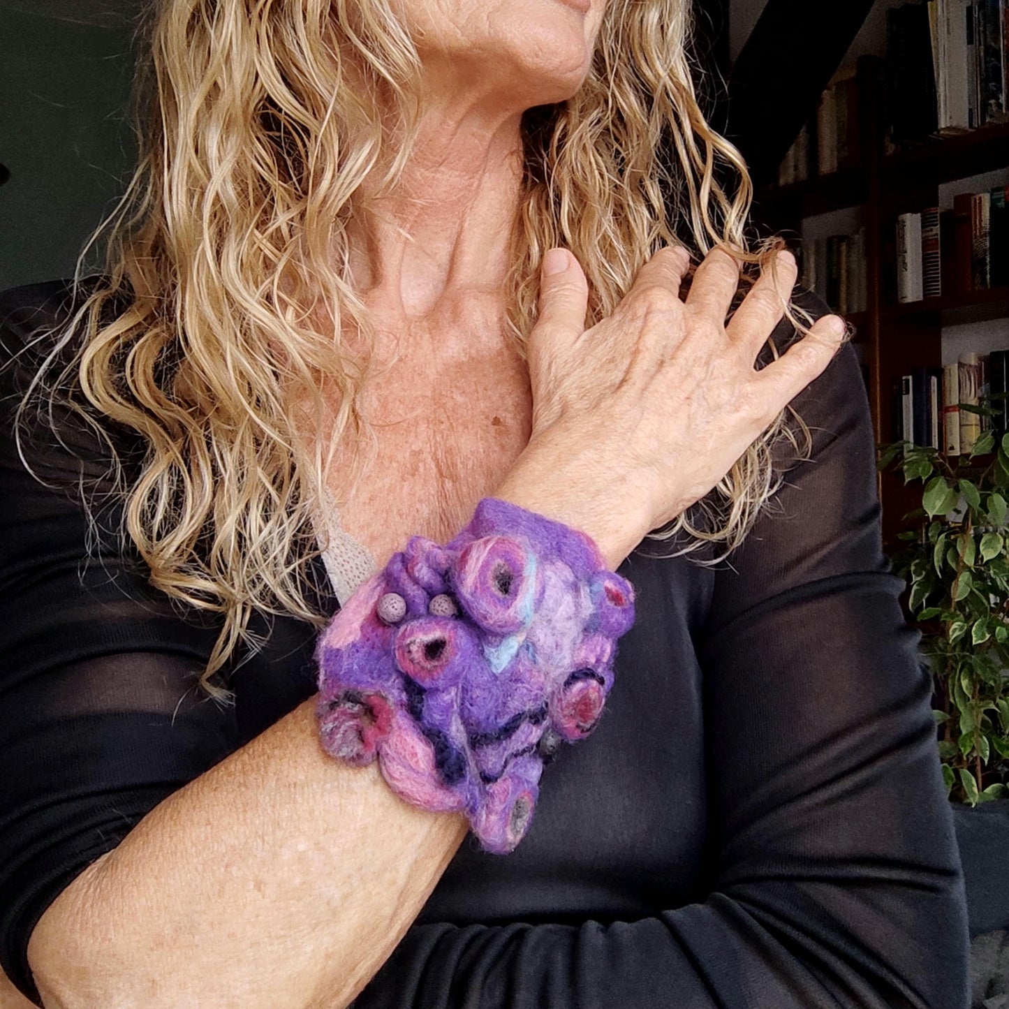 Needle Felted Cuff Bracelet - Handmade Purple Abstract Design on Leather, Boho Multicolour Felt Jewelry