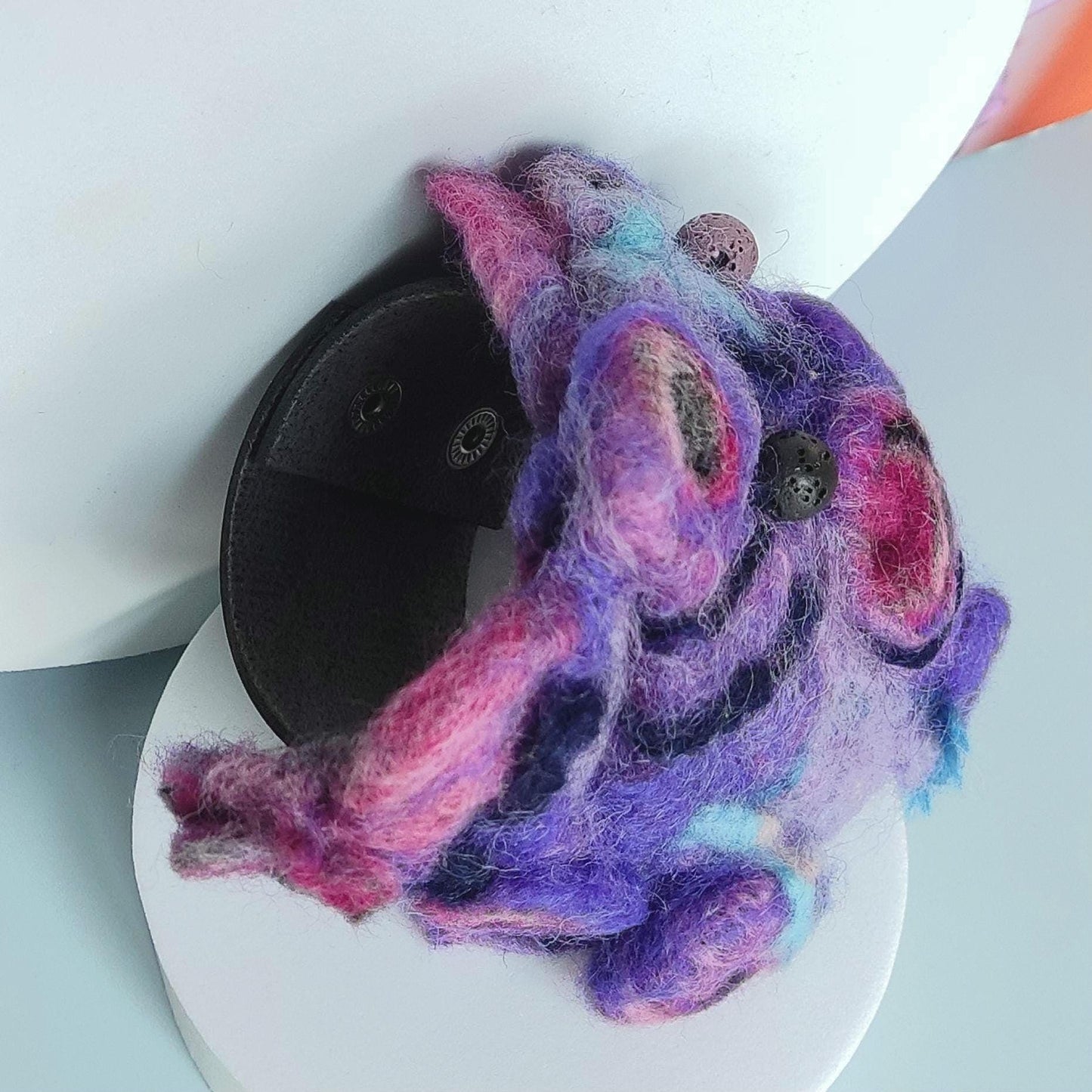 Needle Felted Cuff Bracelet - Handmade Purple Abstract Design on Leather, Boho Multicolour Felt Jewelry