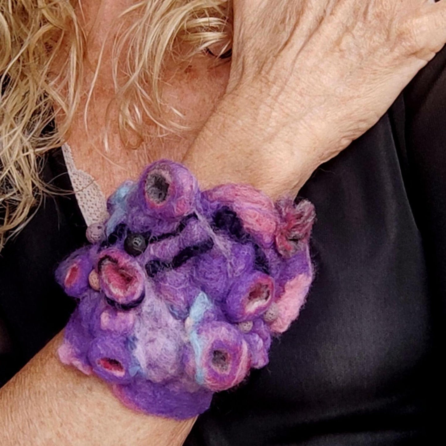 Needle Felted Cuff Bracelet - Handmade Purple Abstract Design on Leather, Boho Multicolour Felt Jewelry