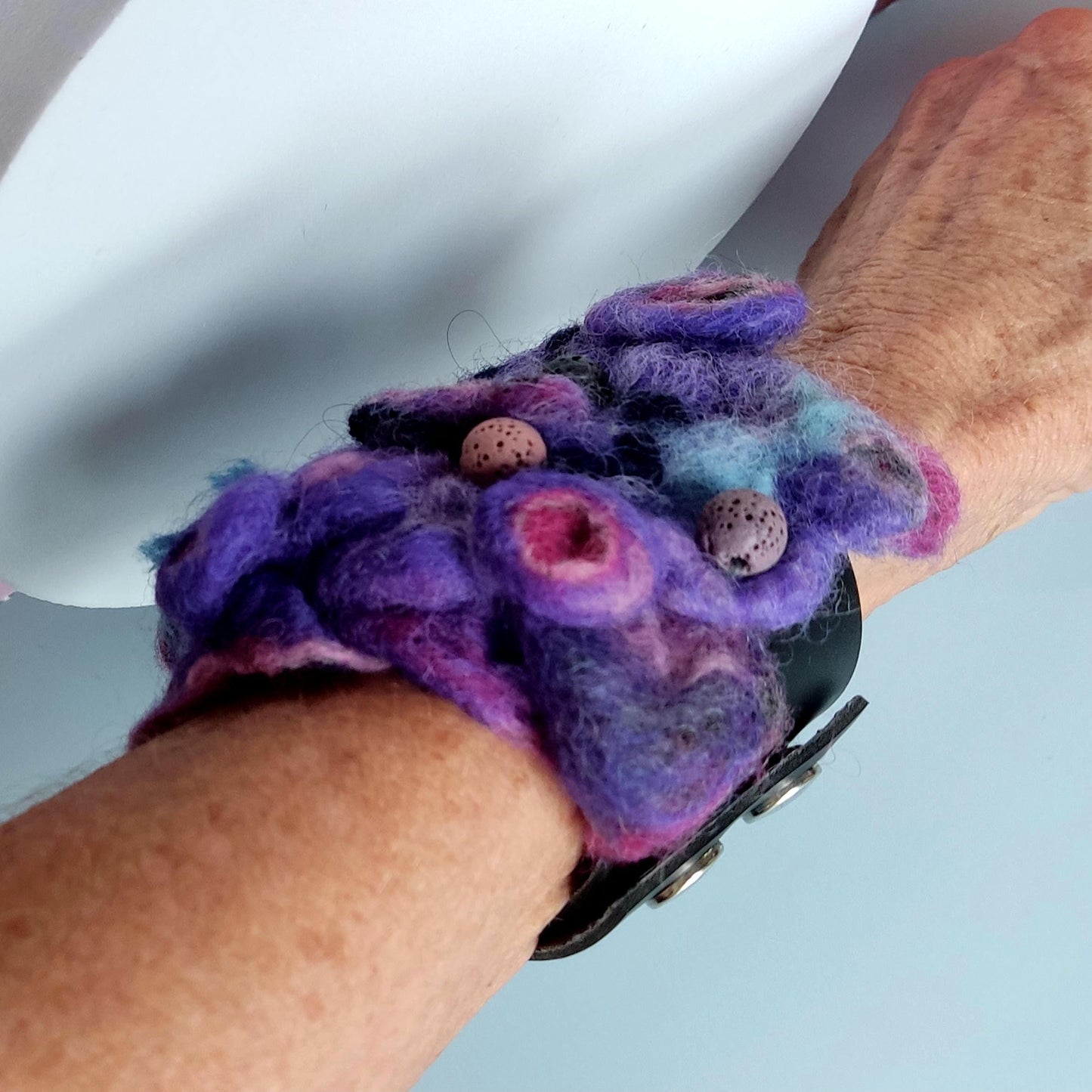 Needle Felted Cuff Bracelet - Handmade Purple Abstract Design on Leather, Boho Multicolour Felt Jewelry