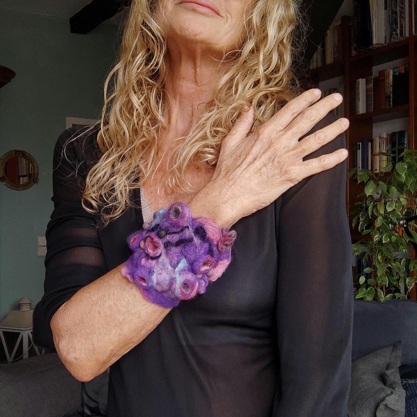 Needle Felted Cuff Bracelet - Handmade Purple Abstract Design on Leather, Boho Multicolour Felt Jewelry