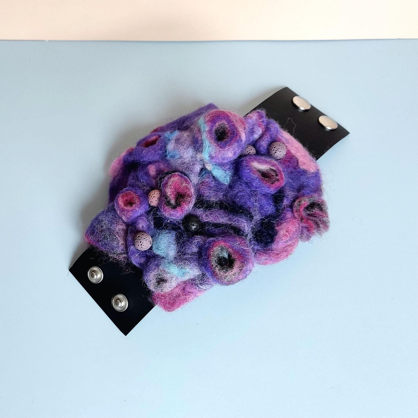 Needle Felted Cuff Bracelet - Handmade Purple Abstract Design on Leather, Boho Multicolour Felt Jewelry