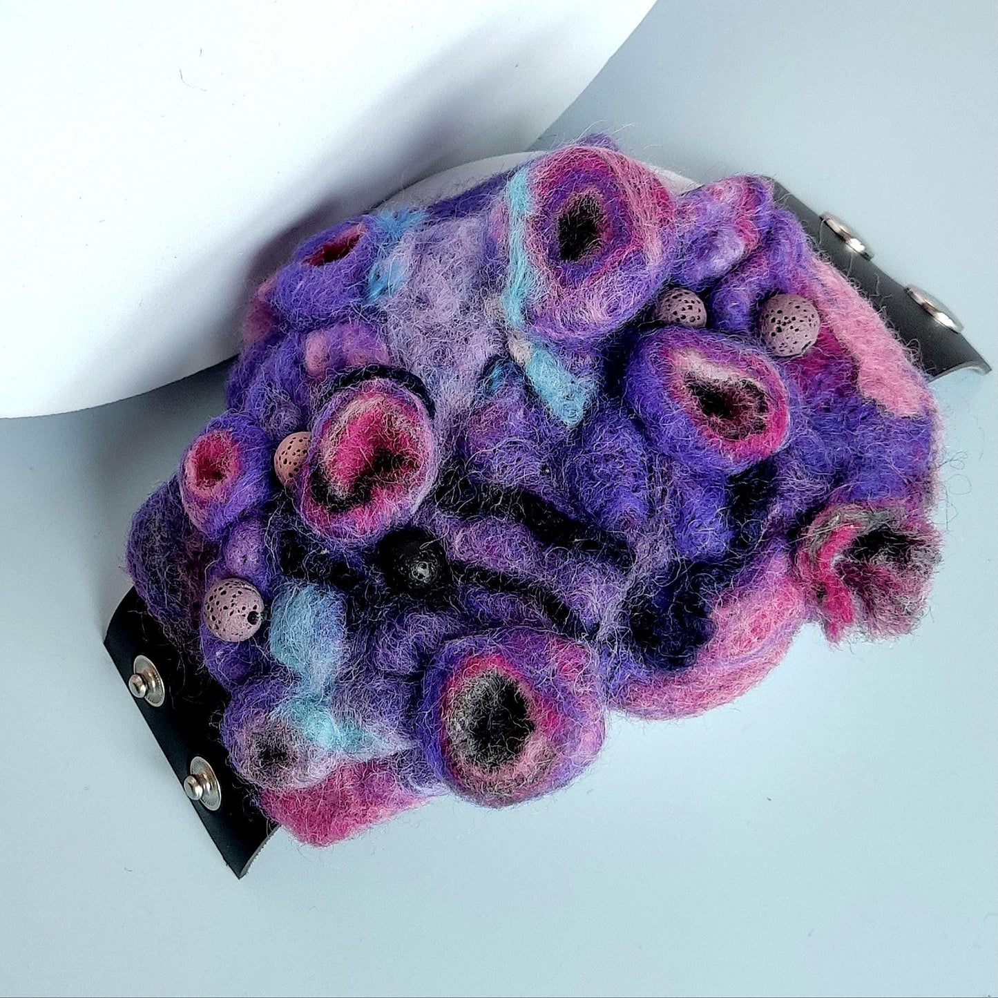 Needle Felted Cuff Bracelet - Handmade Purple Abstract Design on Leather, Boho Multicolour Felt Jewelry