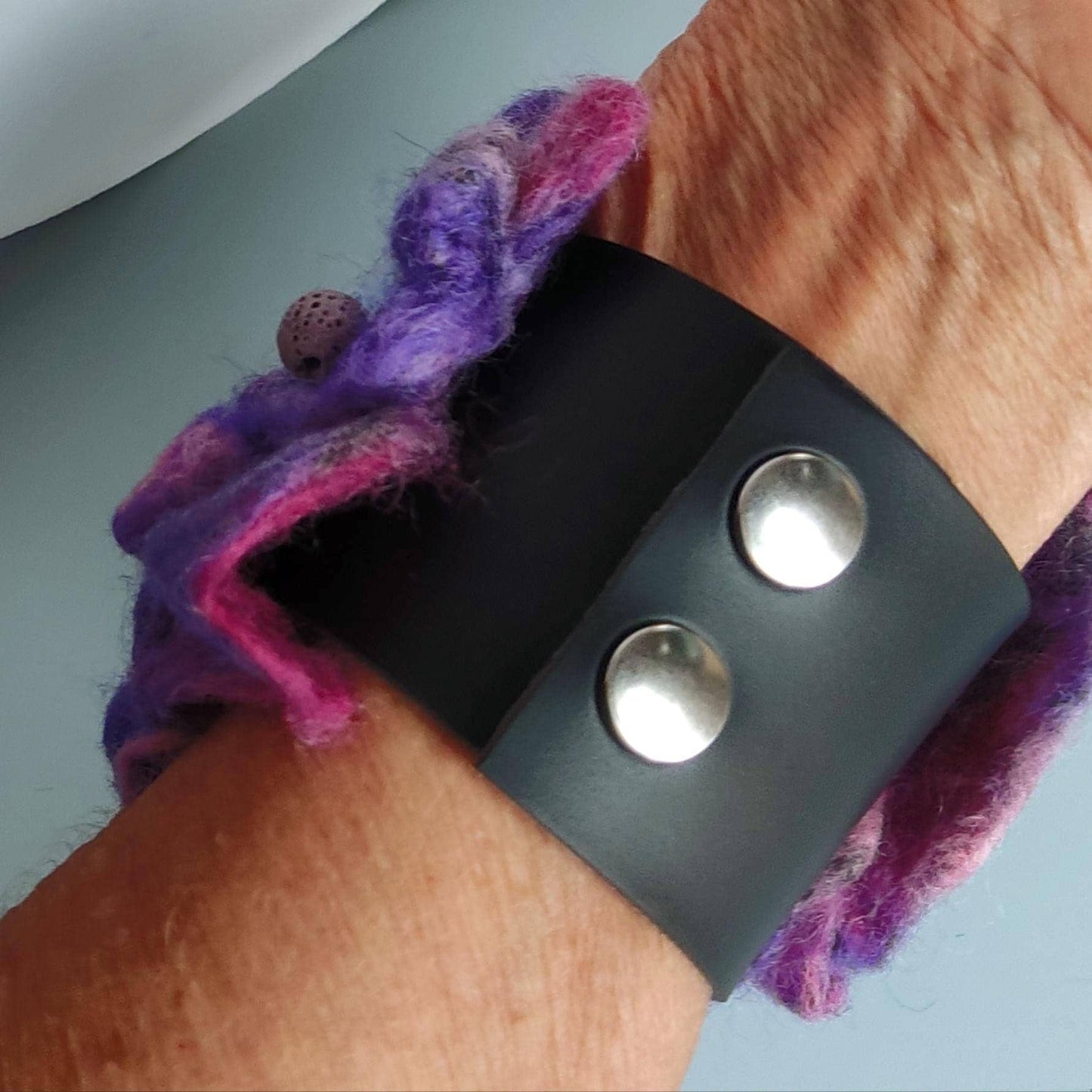 Needle Felted Cuff Bracelet - Handmade Purple Abstract Design on Leather, Boho Multicolour Felt Jewelry