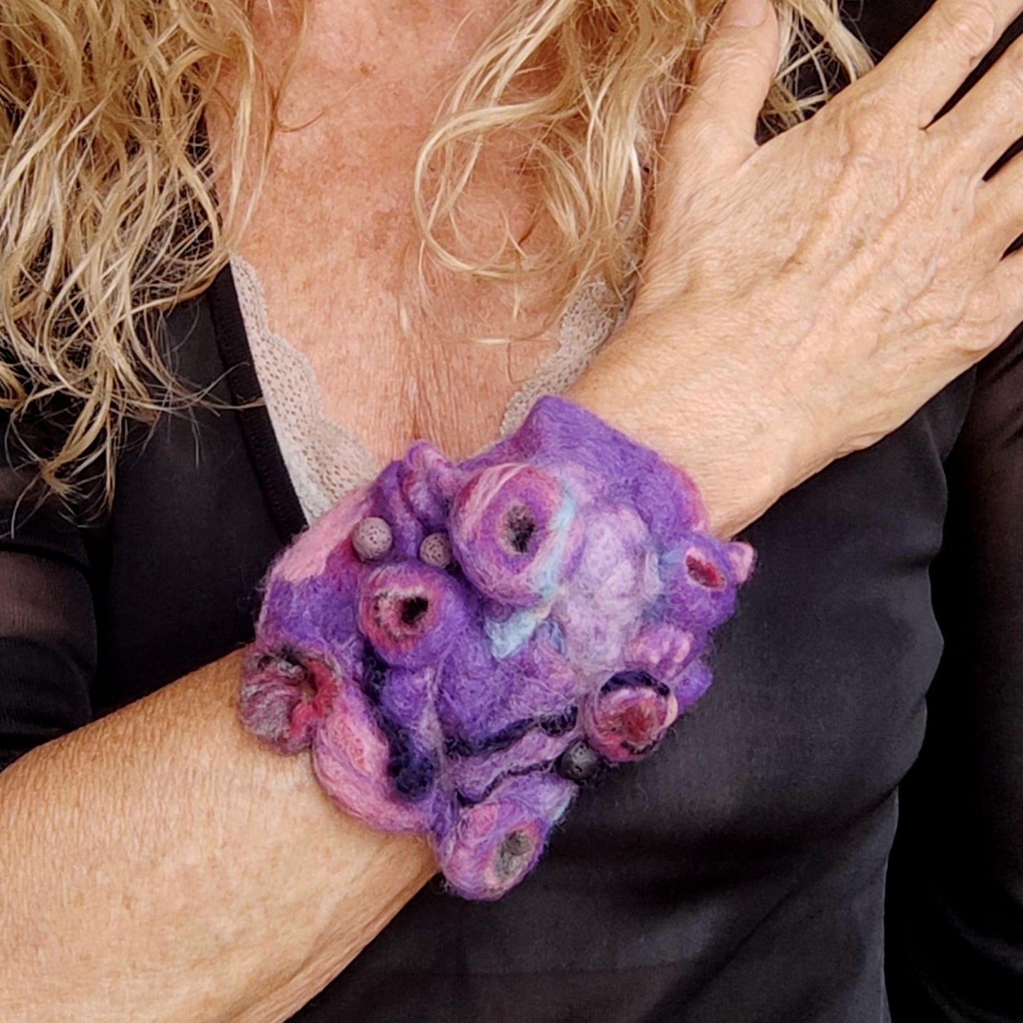 Needle Felted Cuff Bracelet - Handmade Purple Abstract Design on Leather, Boho Multicolour Felt Jewelry