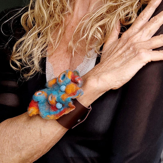 Needle Felted Cuff Bracelet - Handmade Turquoise Abstract Design on Leather, Boho Multicolour Felt Jewelry