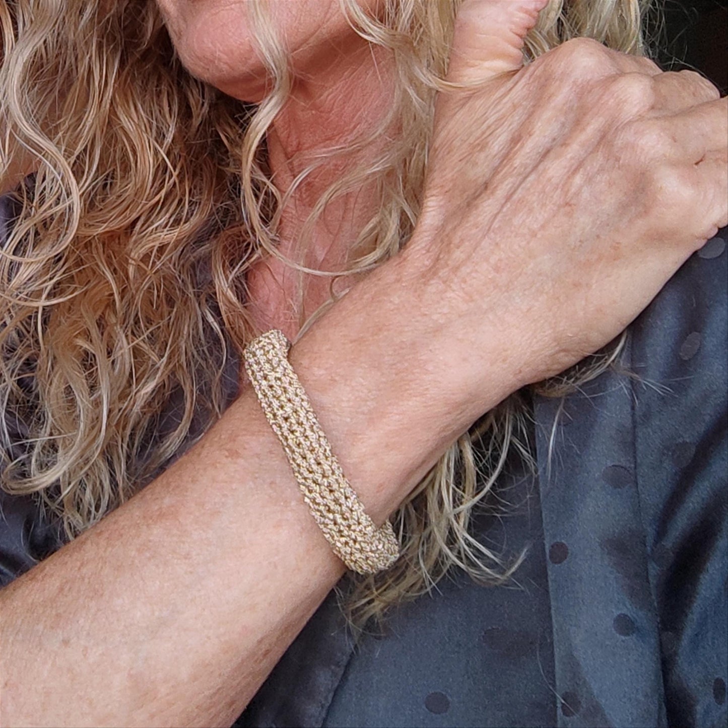 Chunky Crochet Bangle Bracelet Set - Gold Silver Bronze Metallic Yarn - Stackable Statement Jewelry