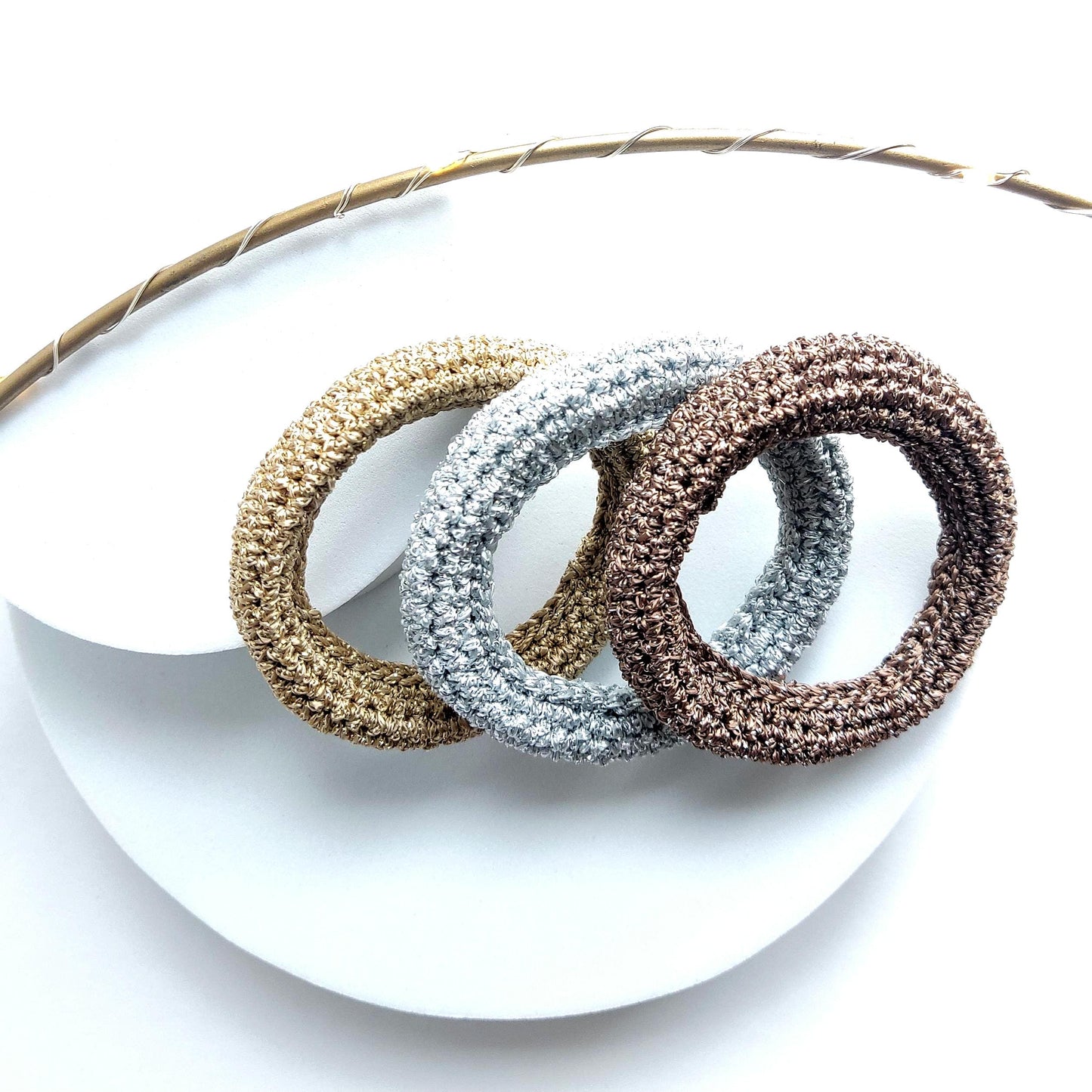 Chunky Crochet Bangle Bracelet Set - Gold Silver Bronze Metallic Yarn - Stackable Statement Jewelry