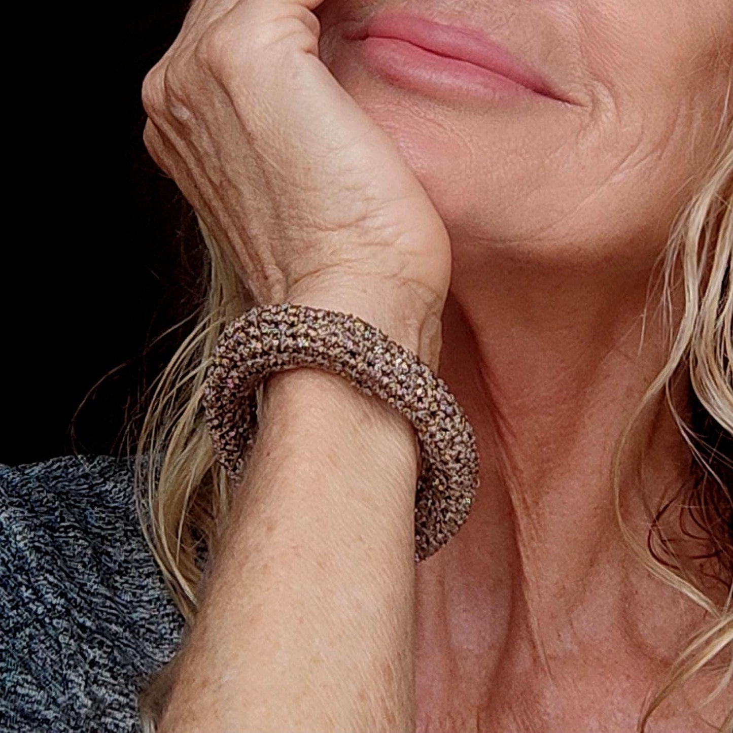 Chunky Crochet Bangle Bracelet Set - Gold Silver Bronze Metallic Yarn - Stackable Statement Jewelry