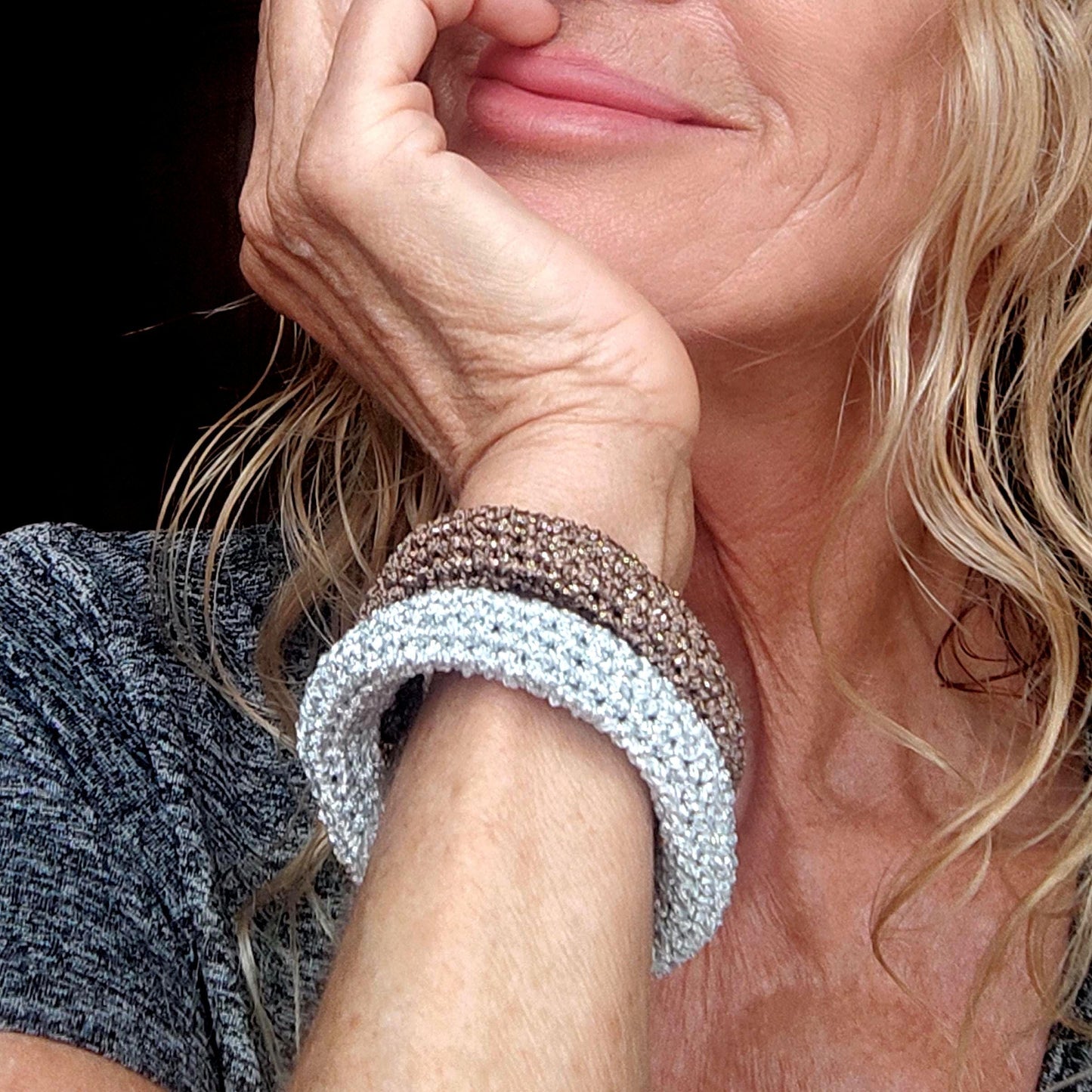 Chunky Crochet Bangle Bracelet Set - Gold Silver Bronze Metallic Yarn - Stackable Statement Jewelry