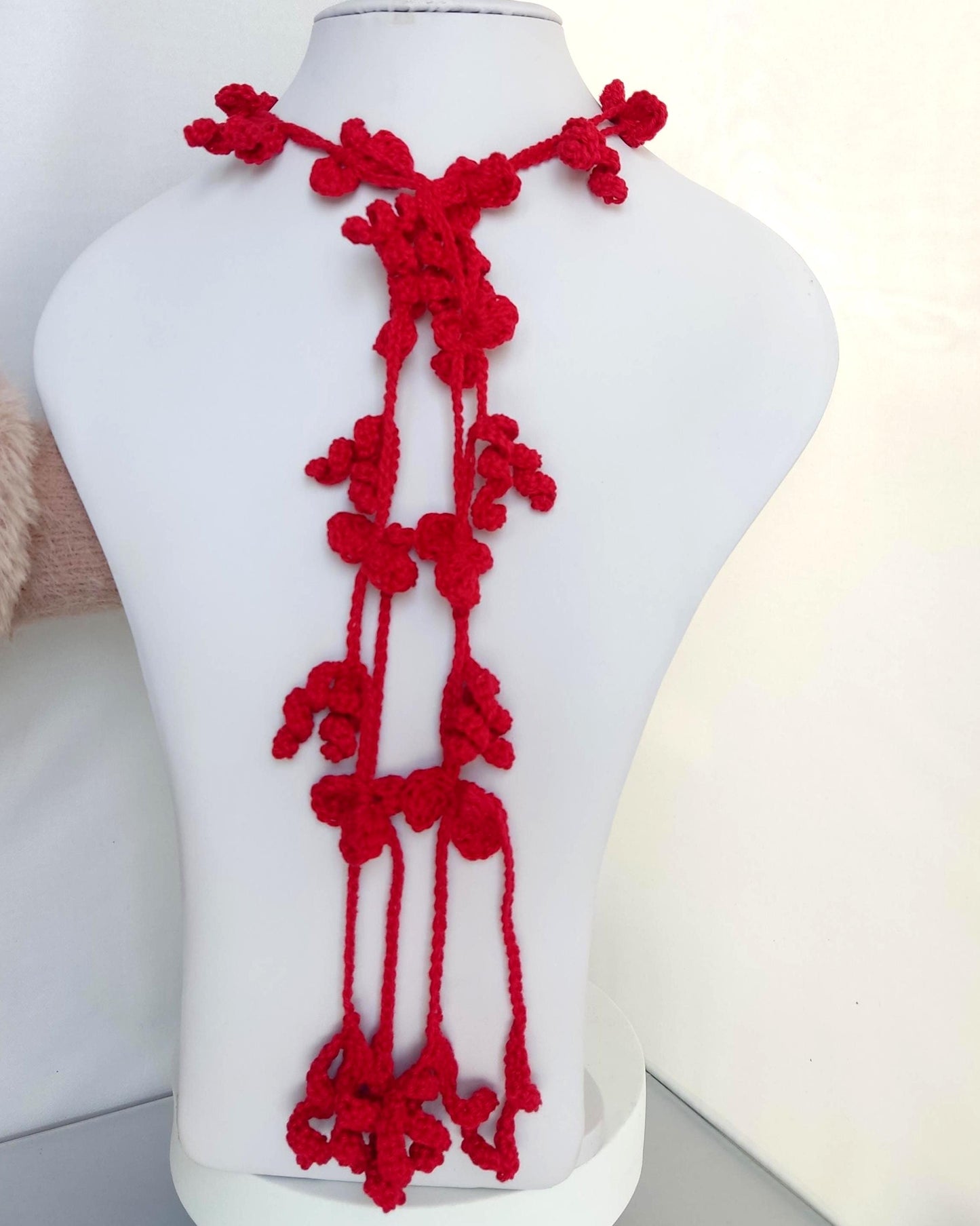 Red Crochet Lariat Necklace - 3-in-1 Convertible | Long, Short & Choker | Handmade Boho Jewelry