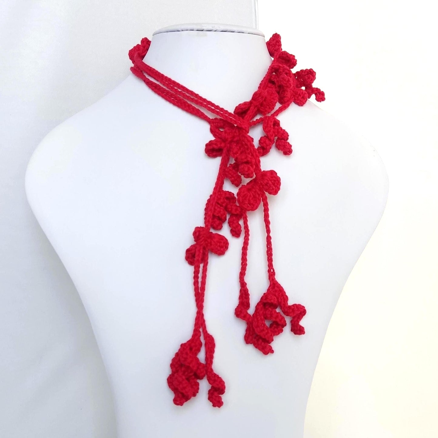 Red Crochet Lariat Necklace - 3-in-1 Convertible | Long, Short & Choker | Handmade Boho Jewelry