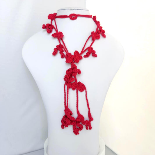 Red Crochet Lariat Necklace - 3-in-1 Convertible | Long, Short & Choker | Handmade Boho Jewelry